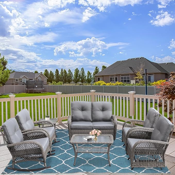 7-Piece Wicker Patio Furniture Sets Outdoor All-Weather Rattan Conversation Set Includes Glider Loveseat, 2 Glass-Top Coffee Tables, 2 Glider-Rocker Chairs for Porch Backyard, Gray