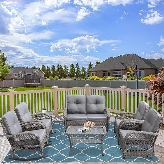 7-Piece Wicker Patio Furniture Sets Outdoor All-Weather Rattan Conversation Set Includes Glider Loveseat, 2 Glass-Top Coffee Tables, 2 Glider-Rocker Chairs for Porch Backyard, Gray