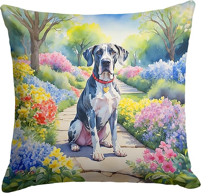 Caroline's Treasures Great Dane Spring Path Throw Pillow Machine Washable, Indoor Outdoor Decorative Pillow for Couch, Bed or Patio, 14Hx14W