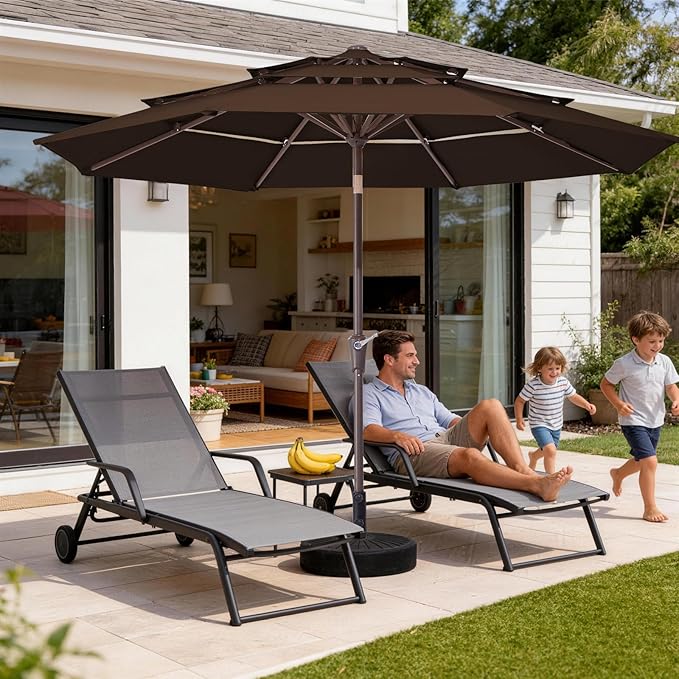 JEAREY 9FT 3 Tier Patio Umbrella Outdoor Market Umbrella Table Umbrellas with 8 Ribs 1.5 Pole Push Button Tilt and Crank UV Protection for Garden,Brown