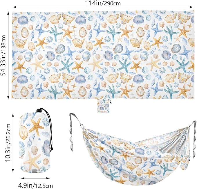 Camping Hammock Outdoor Hammocks for Outside Cute Seashells Starfish Beach Trees Portable Lightweight with Pockets Tree Straps Indoor