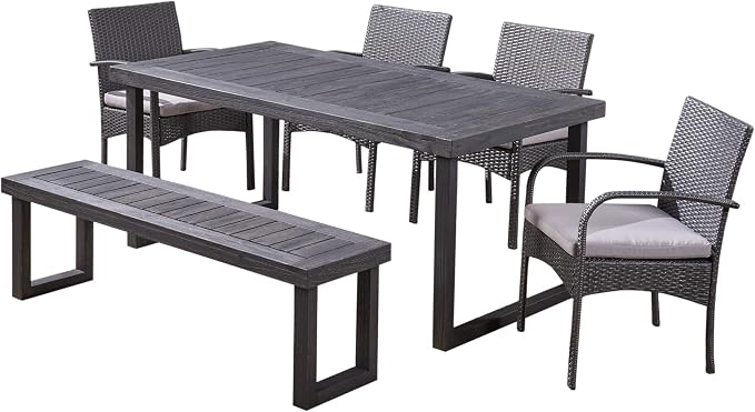 Christopher Knight Home Stillwater Outdoor 6-Seater Aluminum Dining Set with Wicker Chairs and Bench, Sandblast Dark Gray and Gray