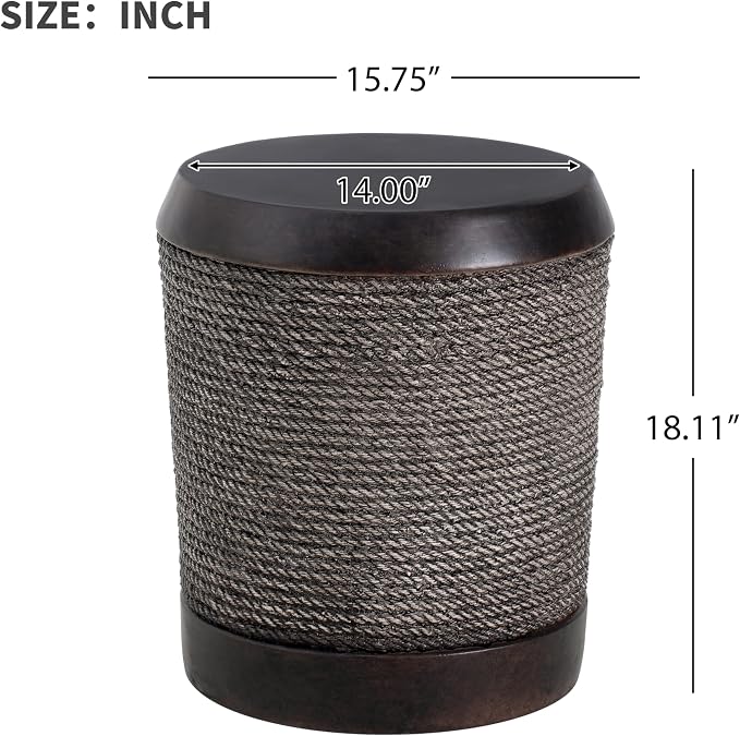 Outdoor Dark Brown Simulated Braided Cord MGO Side Table with Vintage Trim – Indoor Retro Cylindrical End Table for Home & Patio Decor (brown-27)
