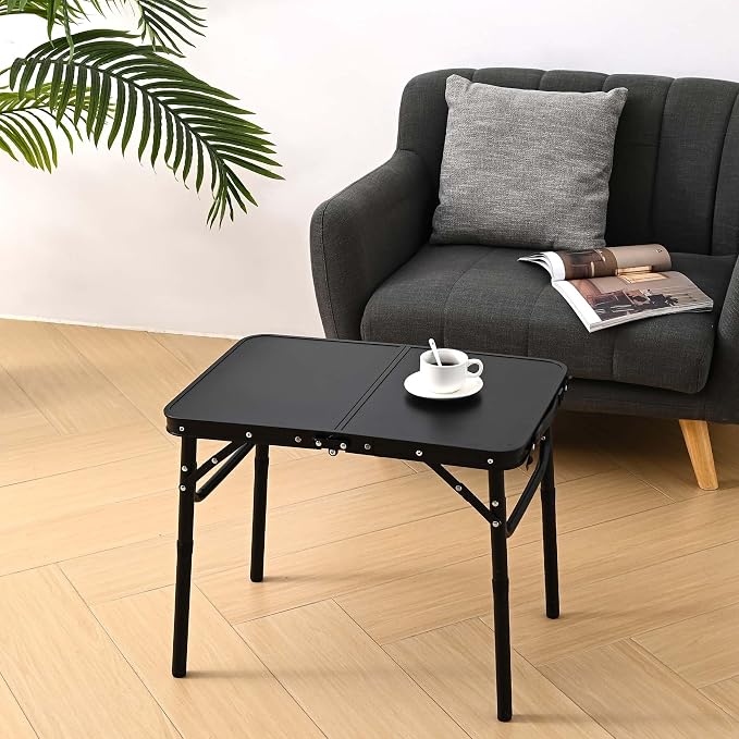 YihuiKo Folding Picnic Table with Storage Net, Matte Black Aluminum Folding Table 23.6" x 15.8", Adjustable Height Max 27.5", Lightweight Portable for Camping Travel Indoor
