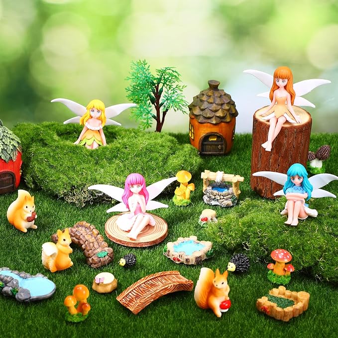 25Pcs Fairy Garden Accessories, Miniature Garden Ornaments Landscape Decorations Mini Fairy Figures Animal Plant Furniture Set for DIY Terrarium Potted Plants Dollhouse Desk Decor