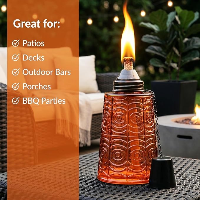 Seraphic Citronella Table Top Torches for Outdoor Patio, 16oz Decorative Glass Torch Citronella Candles for Outside Deck, Garden, Parties, Set of 3, Blue/Amber/Green