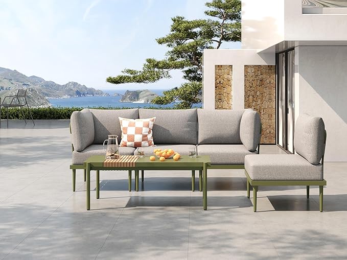 Metal Patio Furniture Set, 5 Pieces Outdoor Sectional Couch with Coffee Table & Washable Thick Cushion, Modular Outdoor Corner Sofa Sets for Balcony, Patio & Courtyard (Gray/Green)