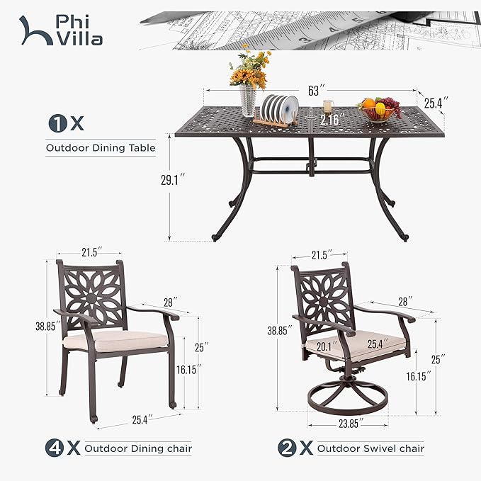PHI VILLA Cast Aluminum Patio Dining Set for 6, 7 Pieces Outdoor 63" Heavy-Duty Table with Umbrella Hole & Fixed Swivel Chairs Combo with Cushions, Large Outside Furniture Set for Deck, Porch - Brown