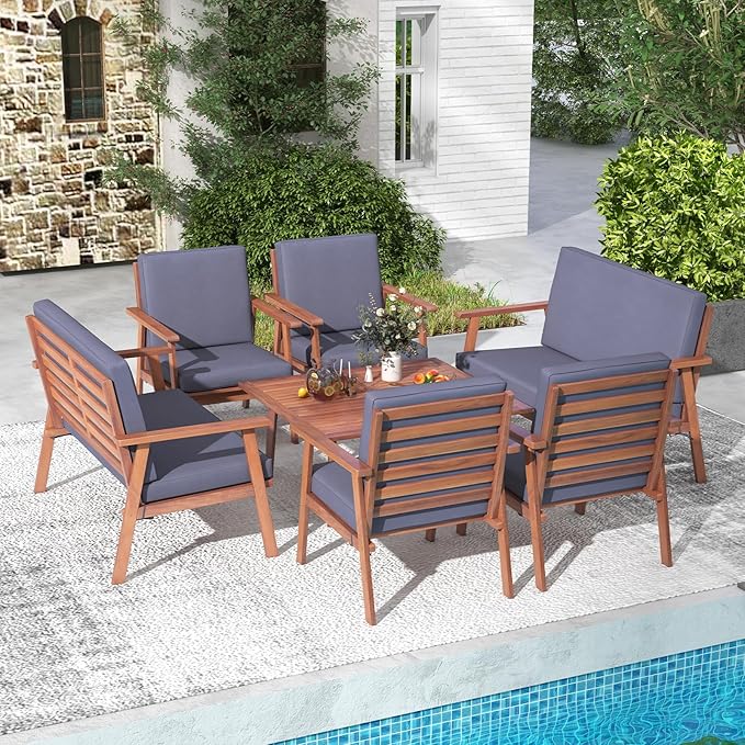 Tangkula 8 Piece Outdoor Conversation Set, Acacia Wood Sofa Set with Soft Seat & Back Cushions, Rectangle Coffee Table Patio Wood Furniture Set for Backyard, Poolside, Garden (2, Gray)