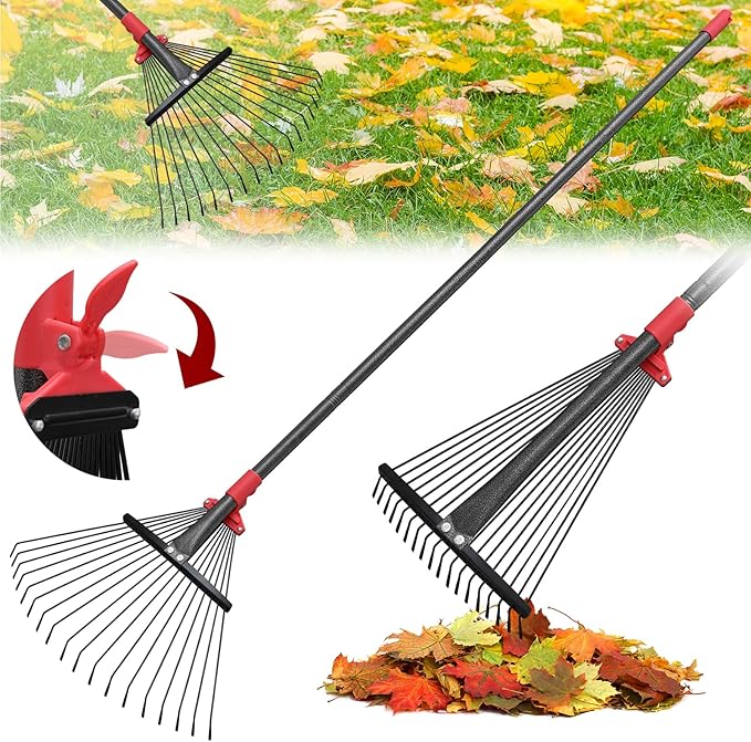 61Inch Adjustable Metal Leaf Rake, 18 Metal Tines Heavy Duty Leaves Rake for Lawns with 8-18" Expandable Head Long Handle Garden Rakes for Women Kids Leaves Yard Gardening Grass Outdoor Camping Debris