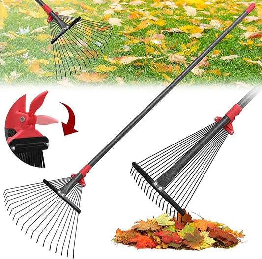 61Inch Adjustable Metal Leaf Rake, 18 Metal Tines Heavy Duty Leaves Rake for Lawns with 8-18" Expandable Head Long Handle Garden Rakes for Women Kids Leaves Yard Gardening Grass Outdoor Camping Debris