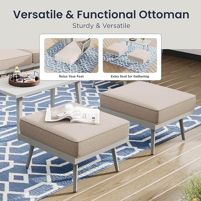 PHI VILLA 5-Piece Rope Rattan Patio Sectional Furniture Set,Modern Outdoor Conversation Set with Detachable Armrests and Grey Metal Frame,All Weather Patio Sofa with Coffee Table and Biege Cushions