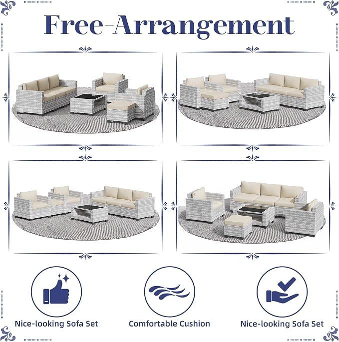 KIGOTY Patio Furniture Set 7 PCS Patio Conversation Sets, All-Weather PE Rattan Outdoor Sectional Sofa with Cushion and 2- Tier Glass Coffee Table（Grey White/Grey）