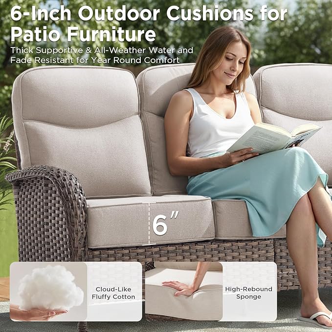 3 Pieces Luxury Patio Furniture Sofa Set with 6-Inch Thick Cushions, Outdoor Wicker Patio Furniture Covered Couch with Multifunctional Ottoman, Patio Conversation Set for Porch Garden, Beige