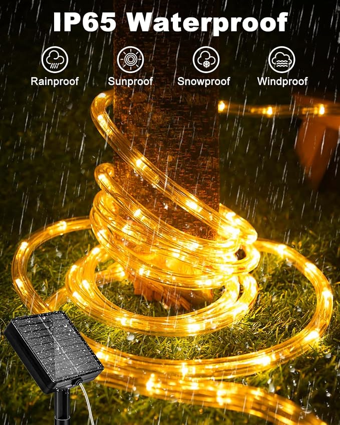 btfarm 4 Pack Solar Rope Lights, 120LED 46FT Solar String Lights Outdoor Waterproof, 8 Lighting Modes Solar Powered Strip Tube for Outside Garden Tree Christmas Yard Patio Wedding Decor, Warm White