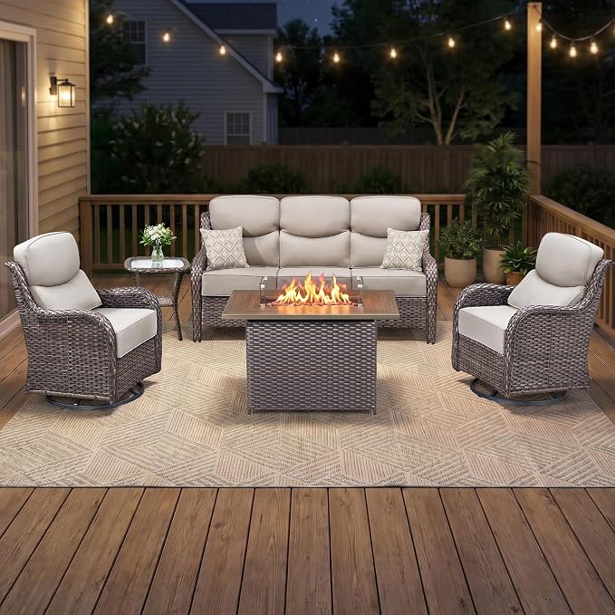 Luxury Swivel Rocker Chairs Fire Pit Table Set with 6" Thick Cushion 5 piece Wicker Outdoor Patio Chair with Sofa,Comfortable High Back Outdoor Patio Furniture Set - Brown | Beige