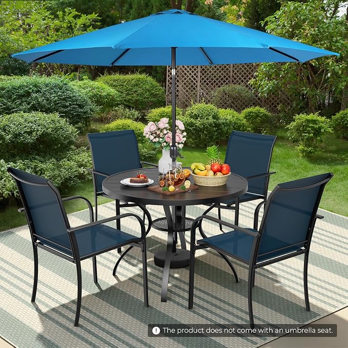 Incbruce 6 PCS Patio Dining Set with Sky Blue Umbrella, Outdoor Dining Set of 4 Textilene Chairs and 41" Round Table with Umbrella Hole for Backyard, Garden, and Poolside (Blue)