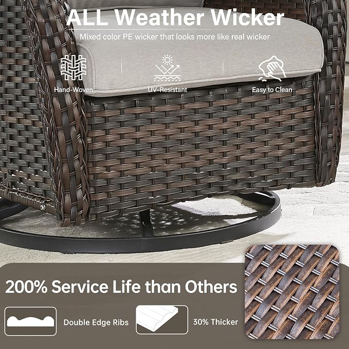 Outdoor Swivel Rocker Patio Chairs Set of 4 with Fire Table - 5" Thick Cushion 6 Piece Furniture Set with Fire Pit Table All Weather Wicker Conversation Set for Porch Deck - Brown/Beige