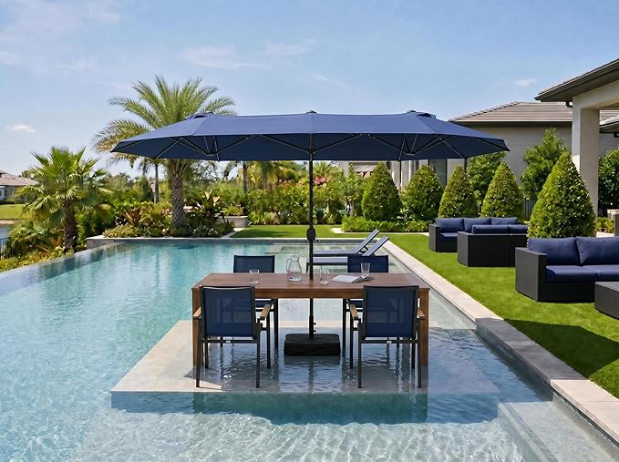 PURPLE LEAF 13ft Patio Market Umbrella with Base Double-Sided Rectangle Outdoor Table Sun Umbrellas with Crank 12 Heavy Duty Sturdy Ribs for Pool Beach Deck Backyard Navy Blue