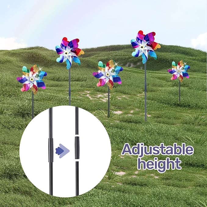 BATTIFE Preassembled Reflective Pinwheels for Yard & Garden, Color, 10 Pack | Sparkly Reflective Material Spinner, Spins Best in Steady Wind, Animal-Deterrent Results Vary by Placement and Conditions