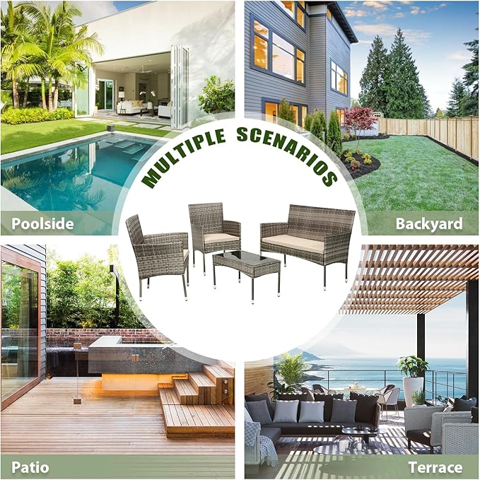 PayLessHere Outdoor Furniture Set 4 Pcs Modular Patio Furniture Set Water Resistant Conversation Set with 3 Rattan Chairs 1 Tempered Glass Topped Table for Patio Poolside, Gray Wicker/Khaki Cushions