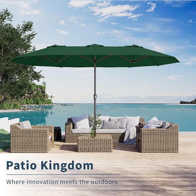PatioKingdom 15FT Large Patio Umbrella with Base, Double Sided Rectangular Outdoor Umbrella with Sturdy Fiberglass Ribs, Market Umbrella for Pool,Garden,Backyard,Deck (Dark green, 15FT)