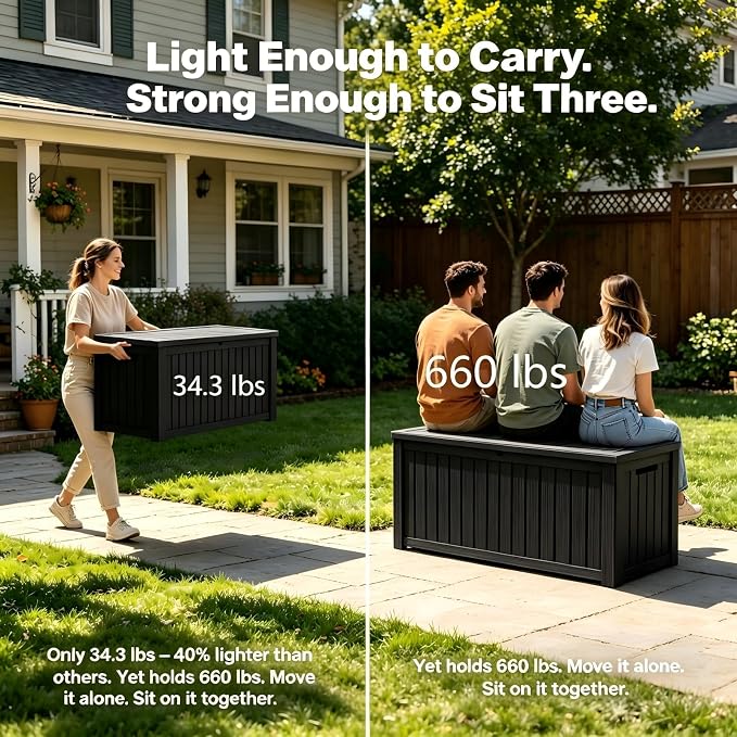 180 Gallon Outdoor Storage Box Waterproof, Large Resin Deck Box with Lockable Lid & Soft-Close Hydraulic Struts, Outside Storage Box for Patio Furniture, Garden Tools, Pool Accessories, Black