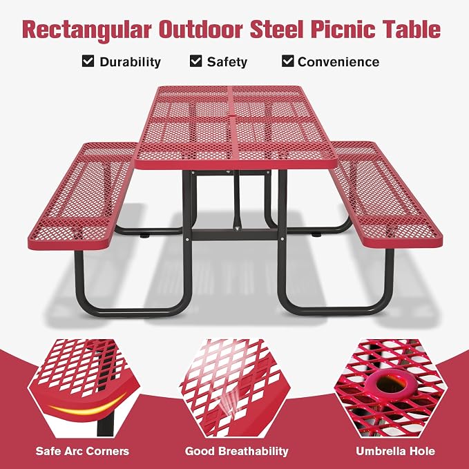 Picnic Tables for Outdoors with Umbrella Hole-Coated Steel Heavy Duty Commercial Grade Table with Seats,Commercial Metal Picnic Tables,Heavy Rectangular Furniture Set for a Lifetime (red)