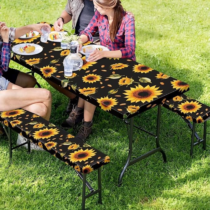 Sunflower Leaf Picnic Table Cover with Bench Covers Waterproof Rectangle Tables Patio Tablecloth Camping Gear and Essentials Rv Accessories Road Trip Supplies Car Travel Must Haves