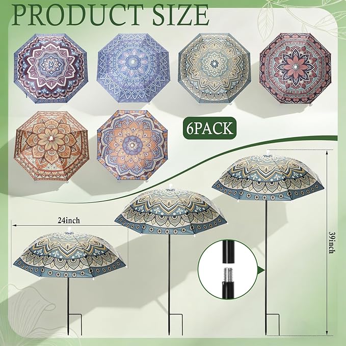 Hillban 6 Pack Plant Shade Umbrellas for Outdoor Plants 23.6" Large Garden Umbrella Shade for Potted Flower with Adjustable 40" H Sunshade Cover for Patio Garden Bed Flowers(Mandala)