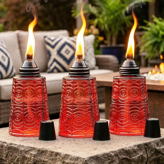 Seraphic Citronella Table Top Torches for Outdoor Patio, 16oz Decorative Glass Torch Citronella Candles for Outside Deck, Garden, Parties, Set of 3, Red