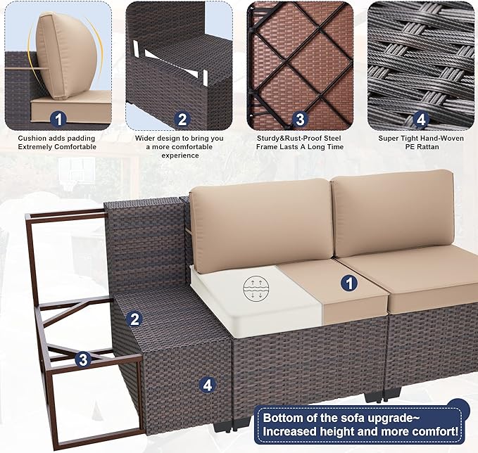 Patio Furniture Sectional Sofa 10PCS PE Rattan Patio Conversation Set w/43in Gas Fire Pit Table, Patio Outdoor Furniture with 4 Inch Thickened Cushions and Glass Coffee Tables, Sand
