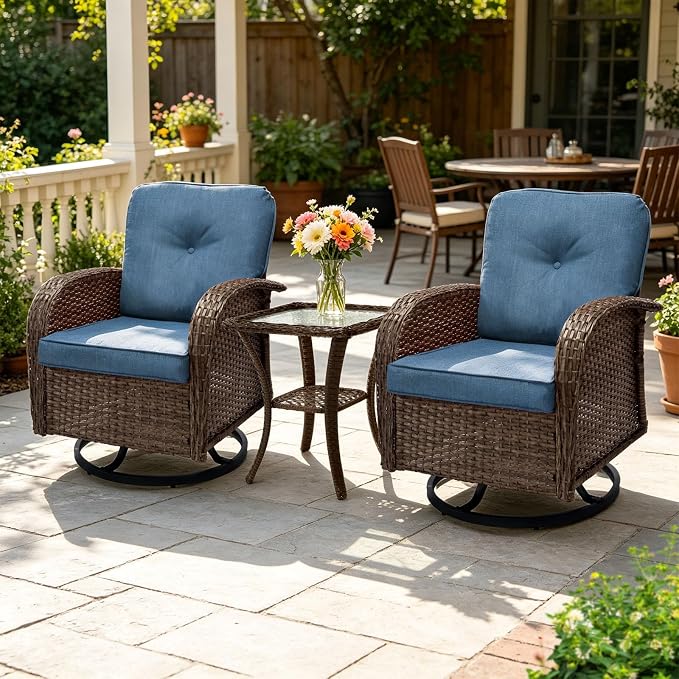 SHGJ&SOFT All Weather Patio Furniture Set, High Back Swivel Rocker Glider Chairs，Ottomans & Glass Tables, Outdoor Conversation Set for Deck Porch Yard Poolside (Blue, 3PCS-Swivle Chairs&Table)