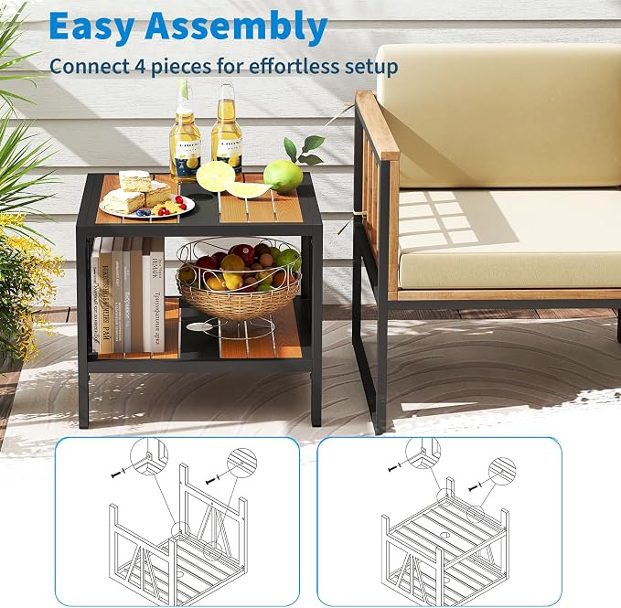 Tangkula Outdoor Side Table with 1.57” Umbrella Hole, 2-Tier Patio Metal End Table with Storage Shelf, Small Bistro Coffee Table for Porch, Balcony, Garden and Backyard (2)