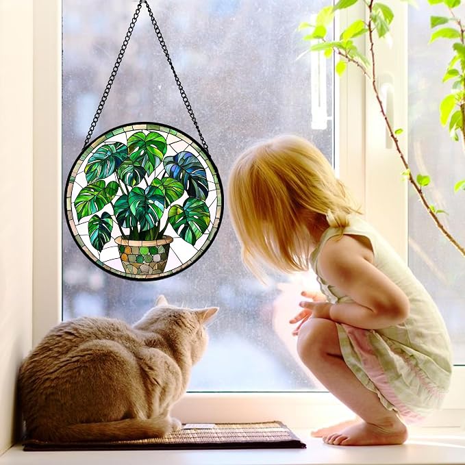 DASTOLL Stained Glass Window Hanging, Green Plant Monstera t Suncatcher Diamond Colorful Glass Panel Sun Catchers Decor for Birthday for Women, Men, Wife, Aunt, and Mom 6.3 in