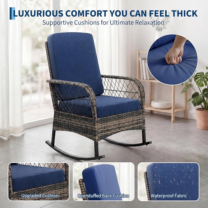 Outdoor Wicker Rocking Chair Set of 3 Pieces, Patio Furniture with Rattan Rocker Chairs, Glass-Top Coffee Table and Beige Washable Cushions for Garden, Balcony, Porch (Brown Wicker & Blue Cushions)