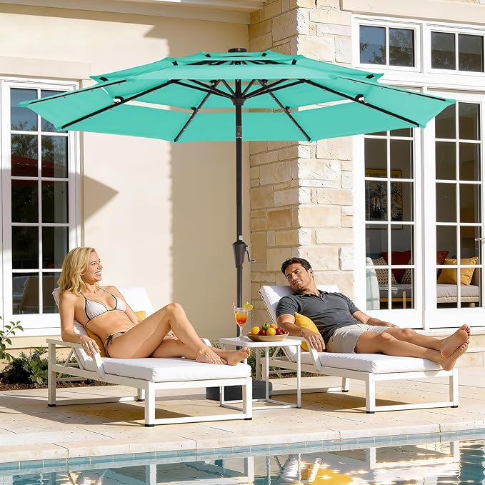 JEAREY 3 Tiers Patio Umbrella with Solar Lights 9ft Outdoor Market Table Umbrellas with Push Button Tilt for Outside Pool Garden, Peacock Blue