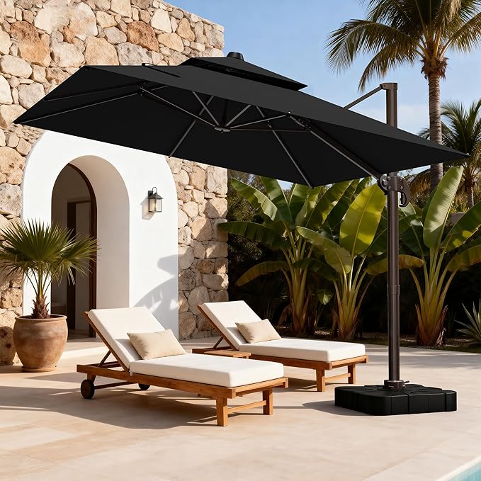 10x10Ft Patio Umbrella Outdoor Cantilever Rectangle Umbrella with Base Included, 6-Level Tilt & 360° Rotation Offset Umbrella for Garden, Deck, Pool(Black)