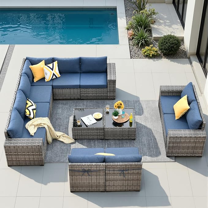 12 Pieces Patio Furniture Set, Wicker Outdoor Sectional Sofa with Coffee Table Comfy Cushions, Modern Modular Deep Seat Rattan Couch Conversation Set for Backyard Porch Yard,Denim Blue