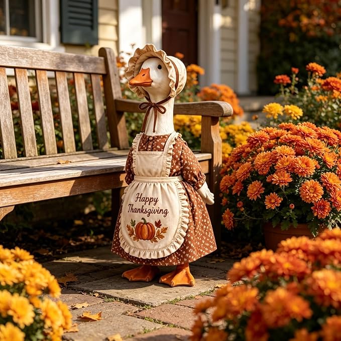 Thanksgiving Pilgrim Porch Goose Outfits for 23'' Goose Statue | Fall Pumpkin Dress Goose Clothes, Pilgrim Costume, ''Happy Thanksgiving'' Apron, Bonnet, Autumn Yard Patio Garden Decor
