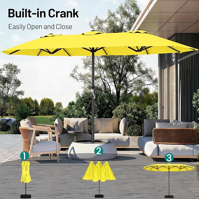 AreShark 15FT Outdoor Patio Umbrella with Crank, Large Rectangular Market Umbrella, Double-Sided Outdoor Umbrellas with Cross Base & Sandbag for Porch, Lawn, Pool, Backyard, Yellow