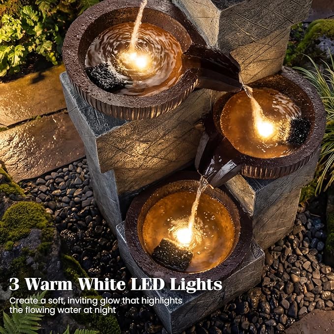 Giantex 32'' Water Fountain Outdoor, 4-Tier Cascading Bowls Waterfall Fountain with Warm LED Lights & Pump, Outside Zen Water Feature for Patio, Balcony, Deck, Garden, Yard Decor
