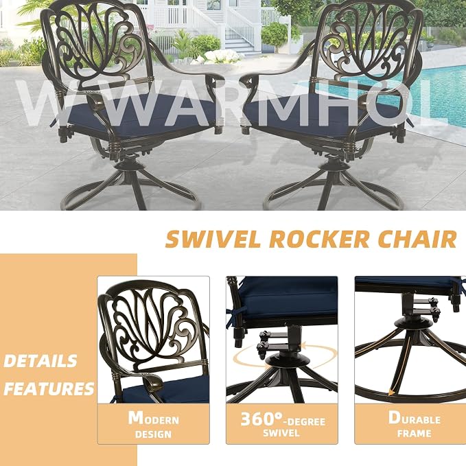 9-Piece Patio Dining Set, Outdoor Patio Table and Chair Set of 84” Oval Cast Aluminum Dining Table with Umbrella Hole, 6 Stationary, 2 Swivel Rocker Chairs, Patio Funiture Set, Navy