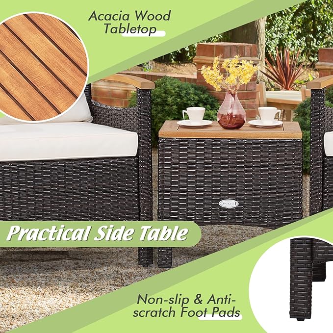 Tangkula 3-Piece Patio Furniture Set, Patiojoy Outdoor Rattan Sofa Set with Coffee Table, Patio Conversation Set with Removable Cushion, Cozy Acacia Wood Armrests for Backyard, Poolside (Off White)