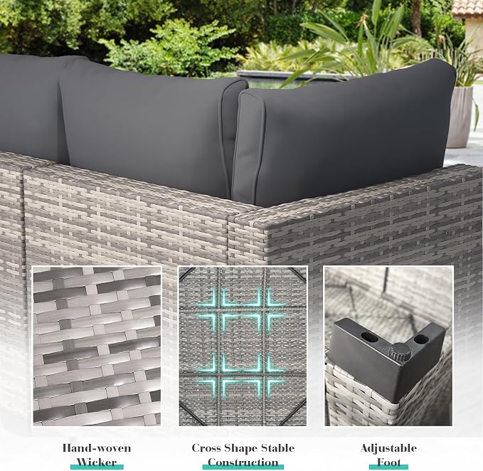 7 Pieces Outdoor Patio Furniture Set, All-Weather Sectional Sofa | Dark Grey Wicker Conversation Set with Glass Table and Cushions | PE Rattan Weaving | Ideal for Patio, Pool, Balcony