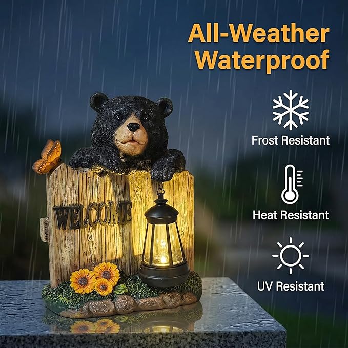 Garden Black Bear Welcome Sign with Solar Lantern, Decorative Outdoor Statue with Butterfly and Sunflowers, Lawn and Porch Decor
