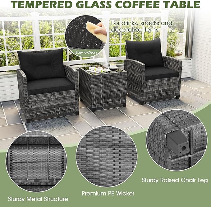 ORALNER Patio Furniture, 3 Pieces Outdoor Wicker Conversation Set Chairs with Soft Cushions and Glass Coffee Table, Rattan Bistro Set for Balcony Garden Deck Front Porch Poolside (Black)