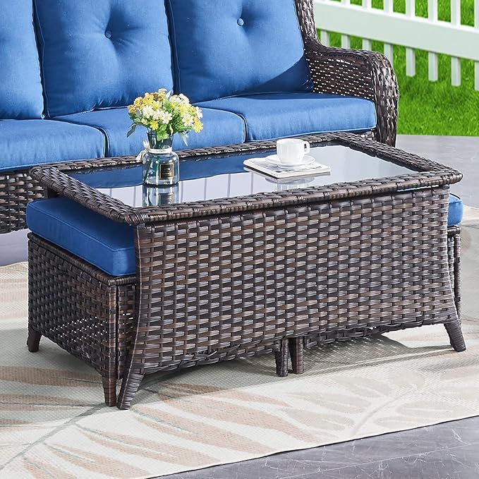 Belord Patio Coffee Table Outdoor Rectangular Glass Table, Handwoven Rattan Patio Furniture Brown Wicker Coffee Table Compatible with Patio Chairs and Sofa Sets for Backyard Sunroom Outside Lawn