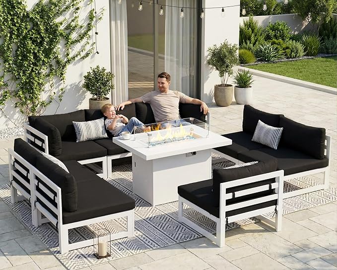 NICESOUL 8 People Large Luxury Aluminum Patio Conversation Set with Fire Pit Table Propane/Gas, 29" Deep Wide U Shaped Sectional Couch, 500 lbs Heavy Duty All Weather Outdoor Sofa for Backyard, Black