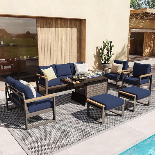 Sundale Outdoor Aluminum Patio Furniture Set, 7 Piece Outdoor Conversation Sets with Fire Pit, Ottoman and Washable Thick Cushions, All Weather Outdoor Sectional Set for Deck, Lawn (Navy Blue)